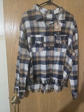Frayed Hem Plaid Button-Up Flannel - Navy, White & Tan